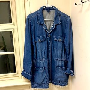 J. Jill denim jacket, longer length w drawstring. Distressed hem. XL